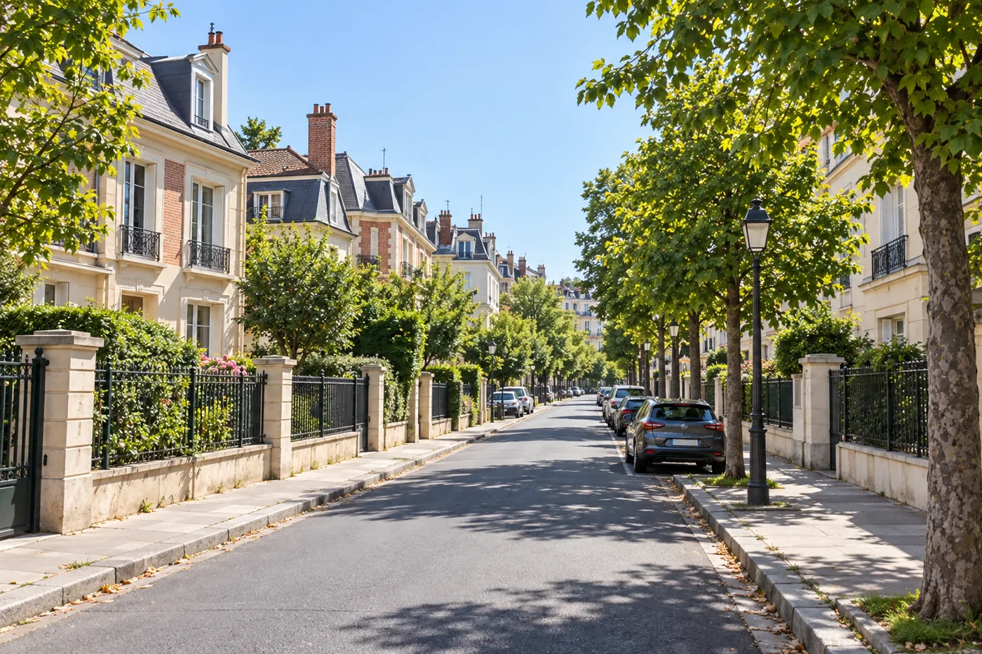 Rue résidentielle arborée des Hauts-de-Seine bordée de maisons et de petits immeubles